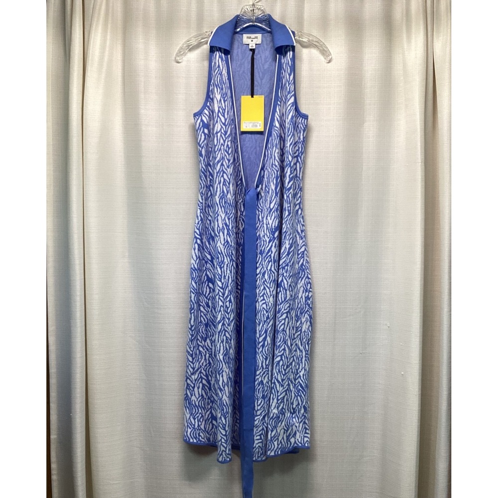 Diane von Furstenberg Blue Zebra Sleeveless Midi Tie Waist Dress S Preppy NWT